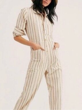Free People Cream Striped Button-Front Straight-Leg Jumpsuit